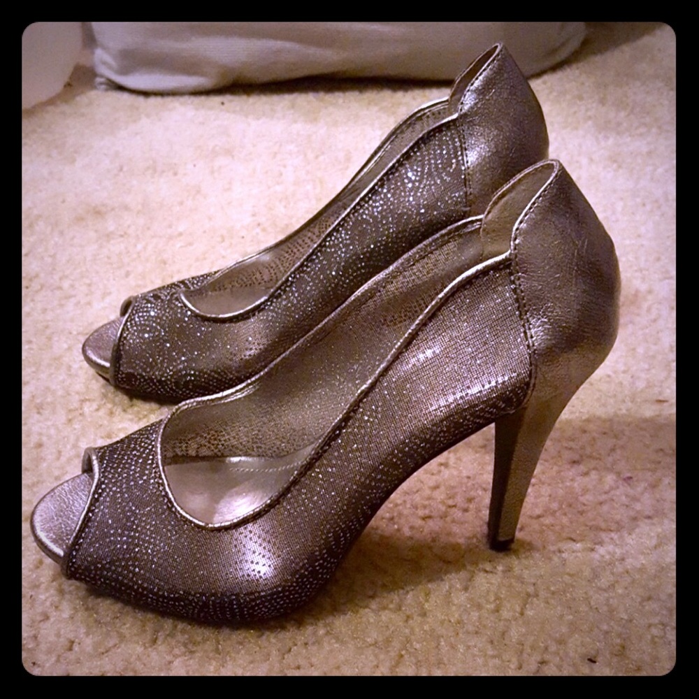 Style & Co sheer gunmetal peep toe heels.